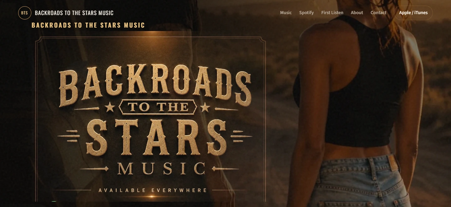The actual dark and gold Backroads to the Stars Music brand presentation.
