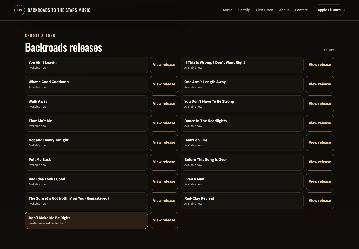A real Backroads catalog view with song titles and individual release links.