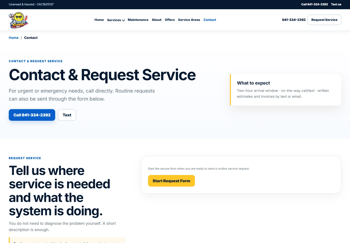 Always Sunny A/C contact page with call, text, and a separate service-request path.
