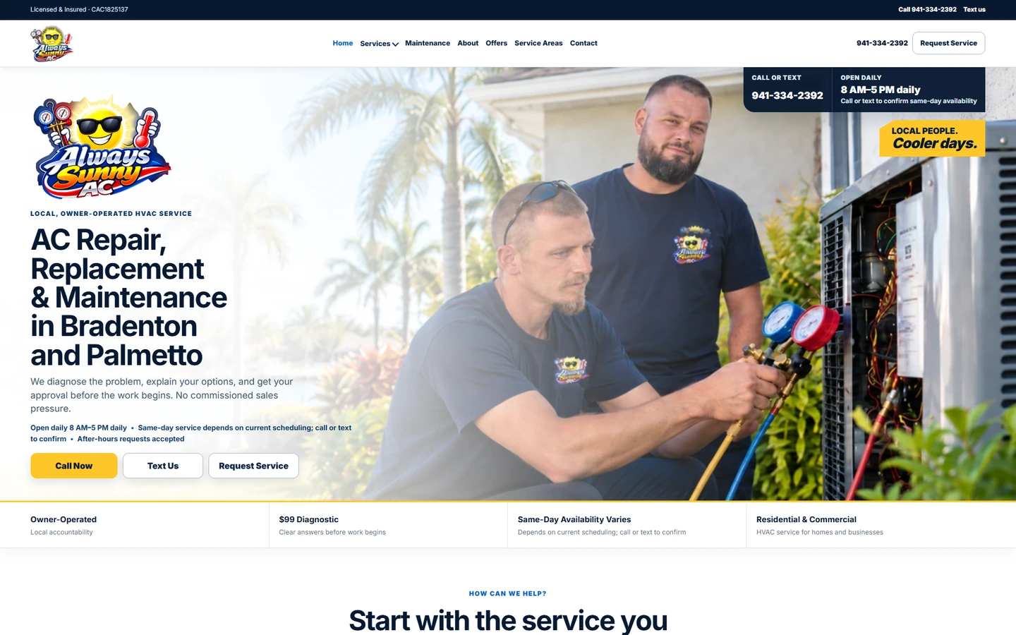 Always Sunny A/C: real people and clear service information on desktop; call and text access in the native mobile contact view.