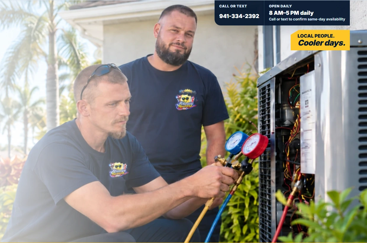 A genuine Always Sunny A/C homepage detail: its real people, branded shirts, and HVAC work. Native mobile branding and photo detail on small screens.
